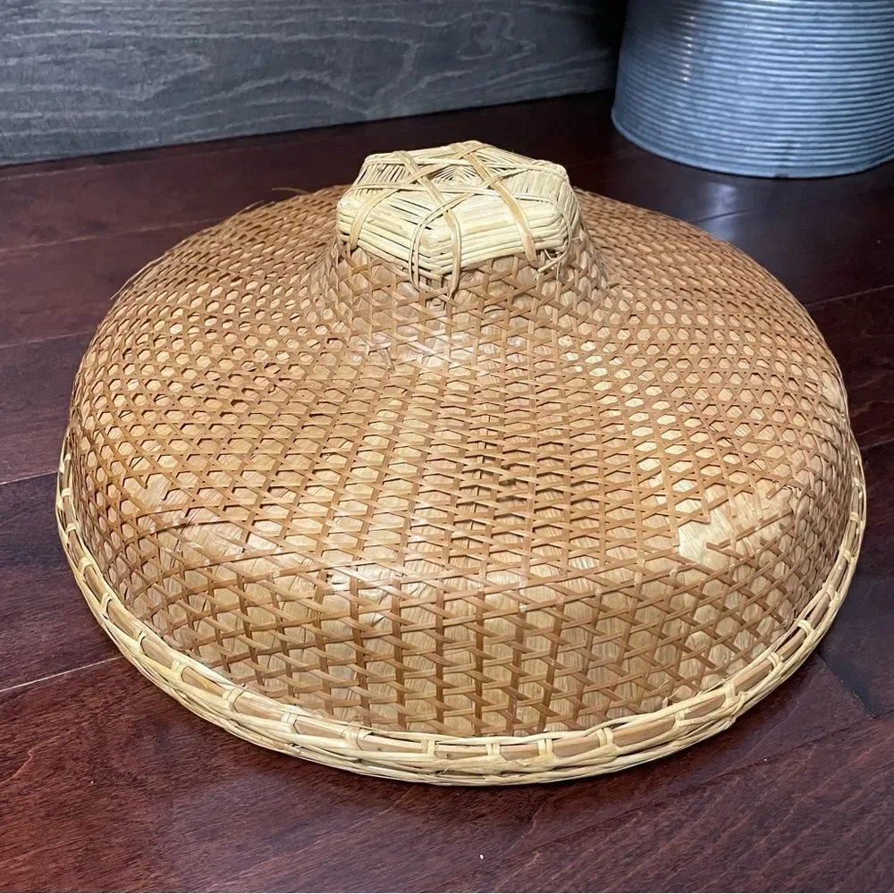 Vintage Wicker Lattice Bamboo Rice Paddy Coolie Farmer Hat Wall Decor Boho